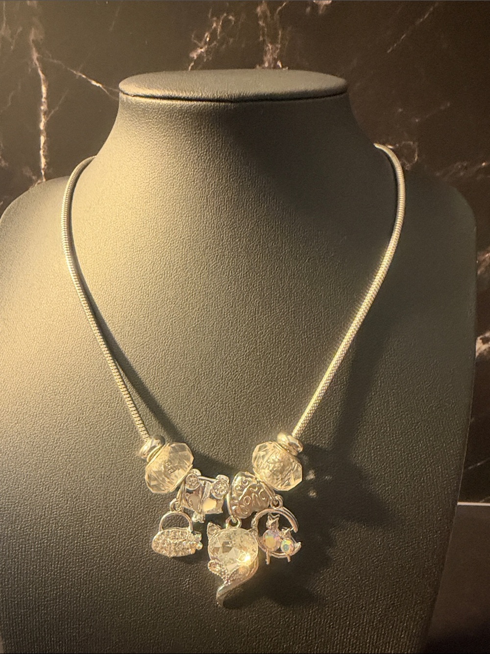 Silver Charm Necklace with Kitty Cat & Clear Crystal Pendants